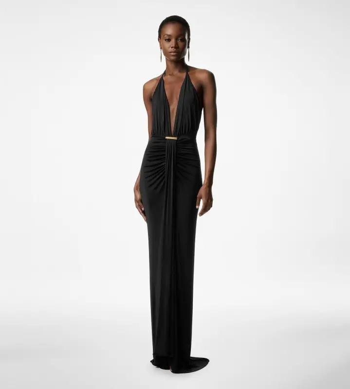 V-NECK EVENING DRESS WITH DRAPED WATERFALL DETAIL BLACK online